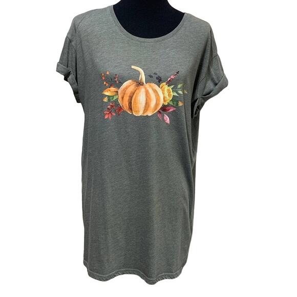 Hand Printed Upcycled Medium Pumpkin Autumn Fall Flower Bouquet Short Sleeve Tee - Picture 1 of 3